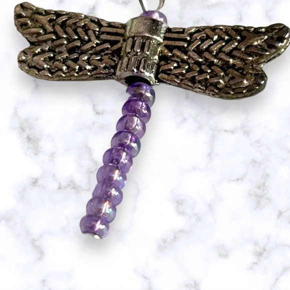 Hand Crafted Earrings Dragonfly Purple Dangle Silver Pierced Long Handmade - Picture 2 of 5